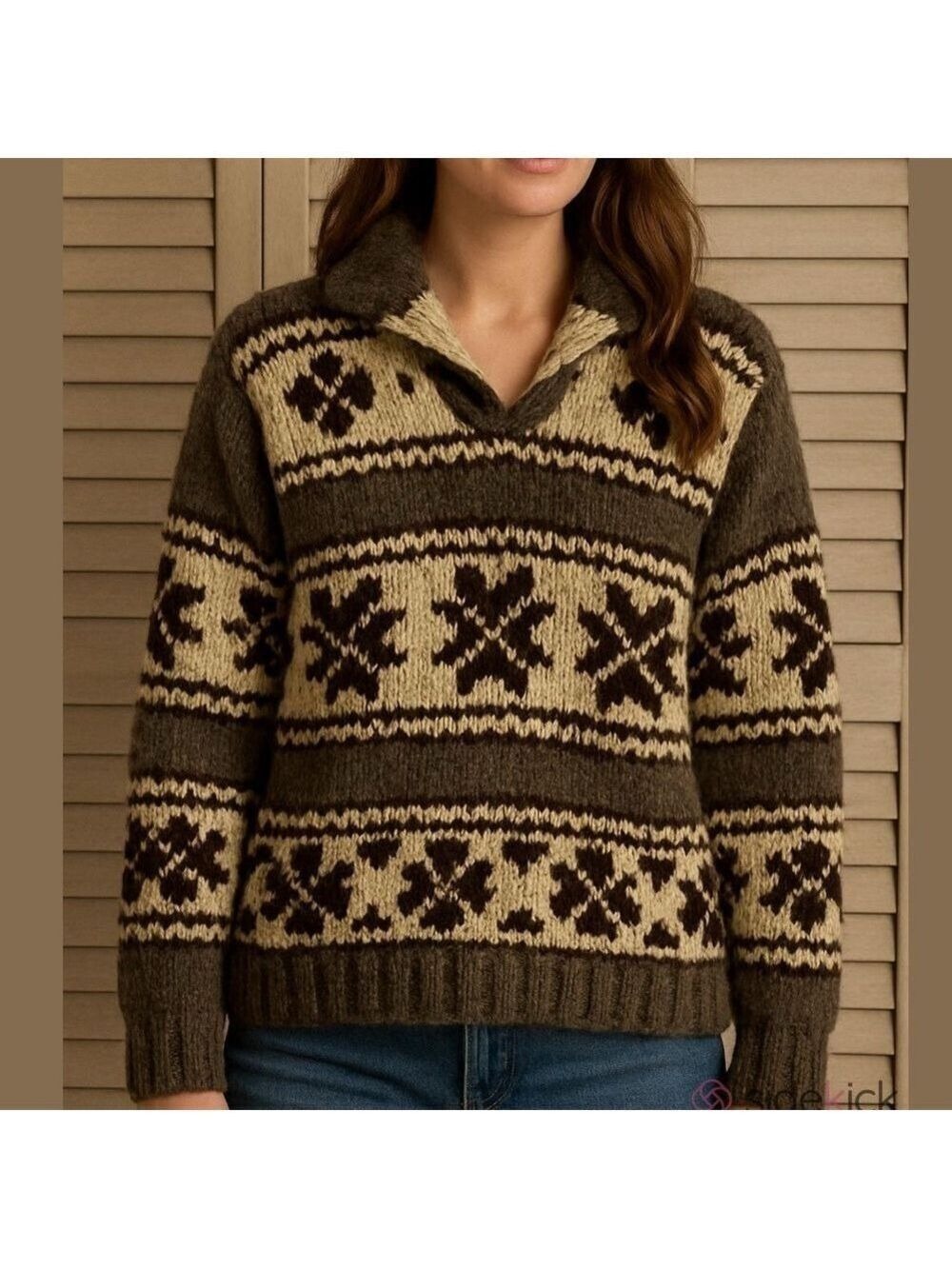HANDKNIT Cowichan coastal wool pullover sweater shawl collar grey brown sz small